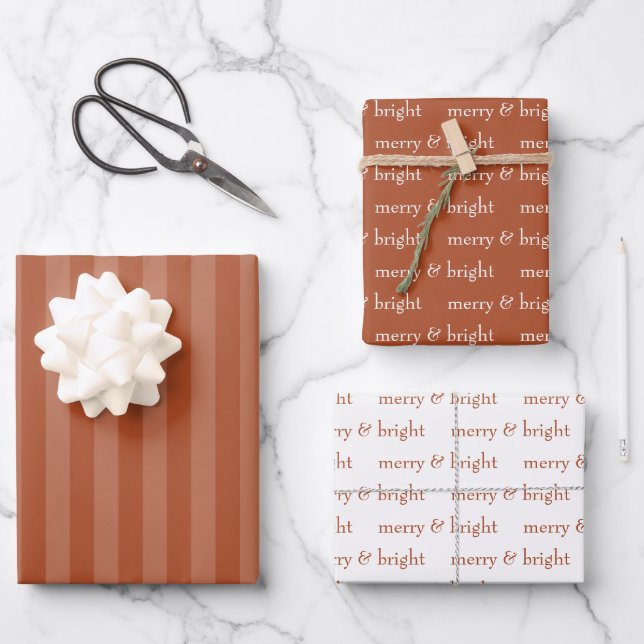 Modern Merry & Bright Terracotta Christmas Holiday Wrapping Paper Sheet (Front)