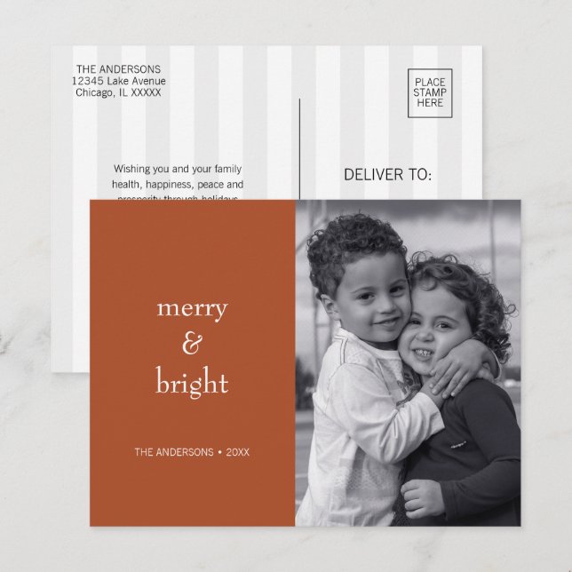 Modern Merry & Bright Terracotta Christmas Photo Holiday Postcard (Front/Back)