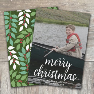 Modern Merry Calligraphy Vertical Photo botanical Holiday Card