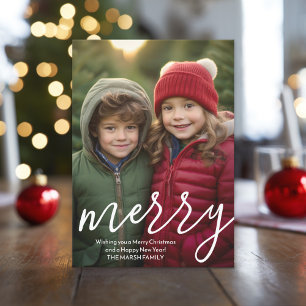 Modern Merry Calligraphy Vertical Photo botanical Holiday Card