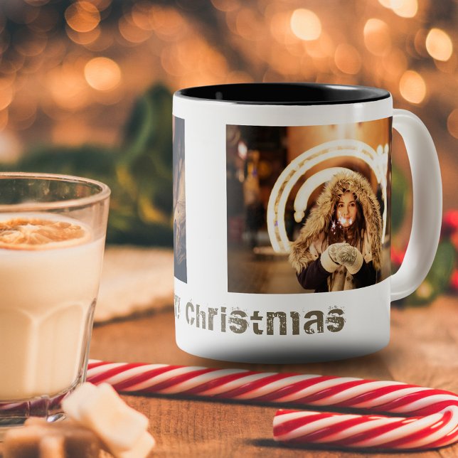 Modern Merry Christmas 2 Photo Collage Holiday Two-Tone Coffee Mug (Creator Uploaded)