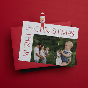 Modern Merry Christmas 2 Photo Red Typography Holiday Card