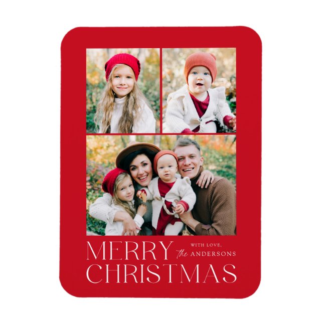 Modern Merry Christmas 3 Photo Collage Magnet (Vertical)