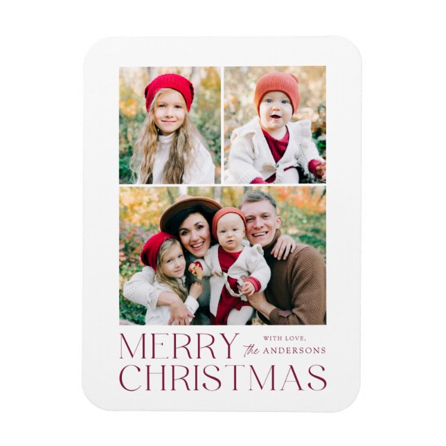 Modern Merry Christmas 3 Photo Collage Magnet (Vertical)