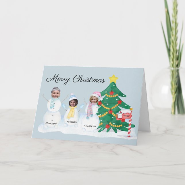 Modern Merry Christmas 3 Photo Family Snowman Holiday Card (Front)