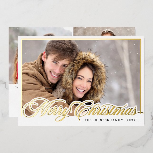 Modern Merry Christmas 3 PHOTO Gold Foil Holiday Card (Front/Back)