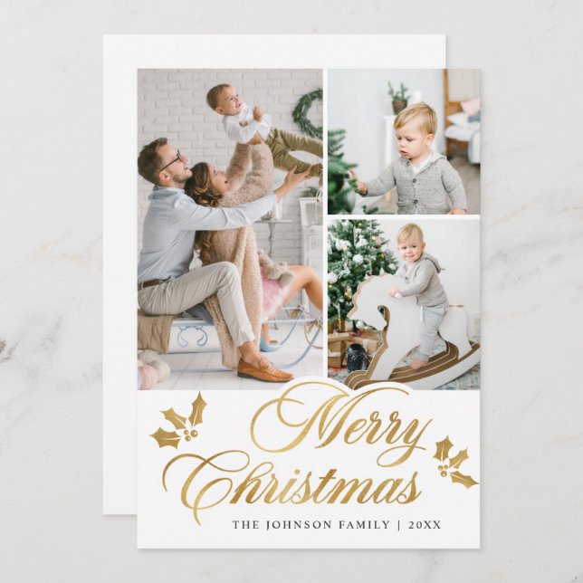 Modern Merry Christmas 3 PHOTO Greeting Holiday Card (Front/Back)