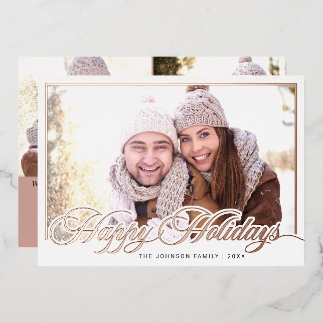 Modern Merry Christmas 3 PHOTO Rose Gold Foil Holiday Card (Front/Back)
