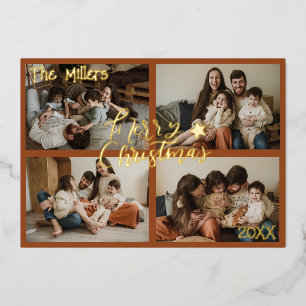 Modern Merry Christmas 4 Photo Collage Foil Holiday Card