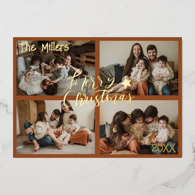 Modern Merry Christmas 4 Photo Collage  Foil Holiday Card (Front)