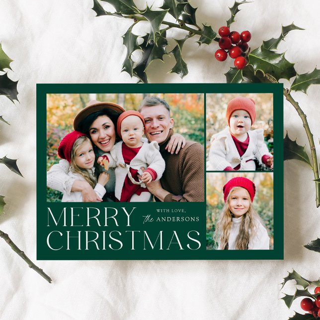 Modern Merry Christmas 4 Photo Collage Holiday Card (Creator Uploaded)