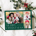 Modern Merry Christmas 4 Photo Collage Holiday Card<br><div class="desc">Simple and elegant holiday card featuring a 3 photo collage on the front with "Merry Christmas" displayed in white modern lettering on a green background. Personalise the front of the card by adding your photos and name. The card reverses to display the fourth photo with a white snowflake pattern. The...</div>