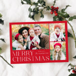 Modern Merry Christmas 4 Photo Collage Holiday Card<br><div class="desc">Simple and elegant holiday card featuring a 3 photo collage on the front with "Merry Christmas" displayed in white modern lettering on a red background. Personalise the front of the card by adding your photos and name. The card reverses to display the fourth photo with a white snowflake pattern. The...</div>