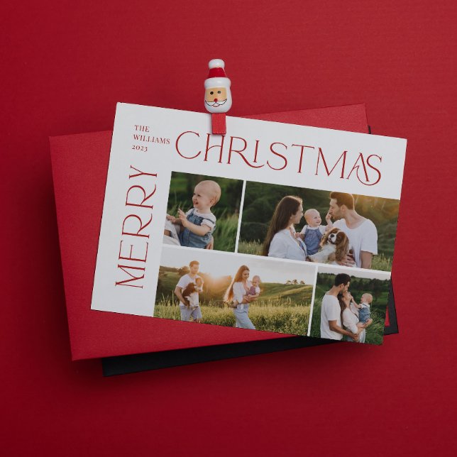 Modern Merry Christmas 4 Photo Red Typography Holiday Card (Spread the magic of the holidays with these beautiful cards 🎅🏼❤️)