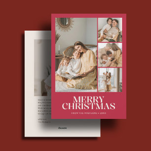 Modern Merry Christmas 5 Photo Red Holiday Card
