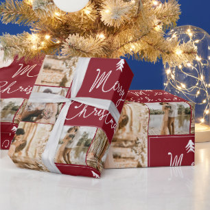 Modern merry christmas 5 photos collage grid red wrapping paper