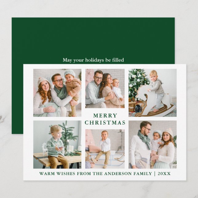 Modern Merry Christmas 6 Photo Green Holiday Card (Front/Back)