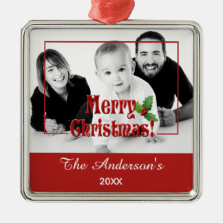 Modern Merry Christmas and Holly Custom Photo Red Metal Tree Decoration