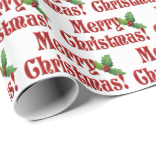 Modern Merry Christmas and Holly Text Pattern Wrapping Paper