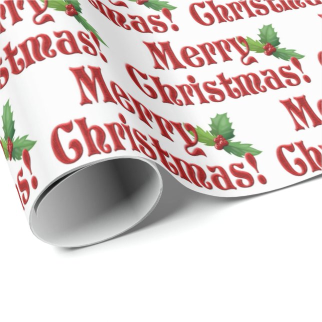Modern Merry Christmas and Holly Text Pattern Wrapping Paper (Roll Corner)