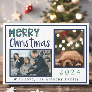 Modern Merry Christmas Argyle Blue Green 3 Photo Holiday Card
