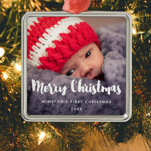 Modern Merry Christmas Baby photo Metal Ornament