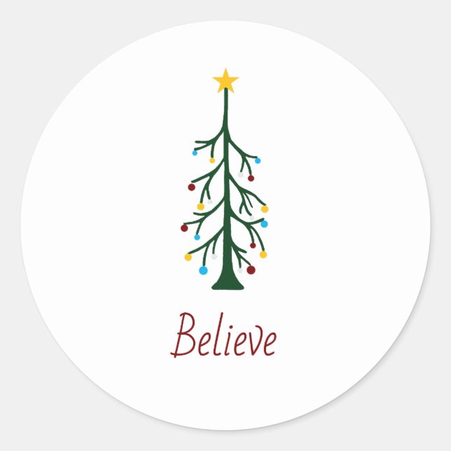 Modern Merry Christmas Believe Evergreen Tree Classic Round Sticker (Front)