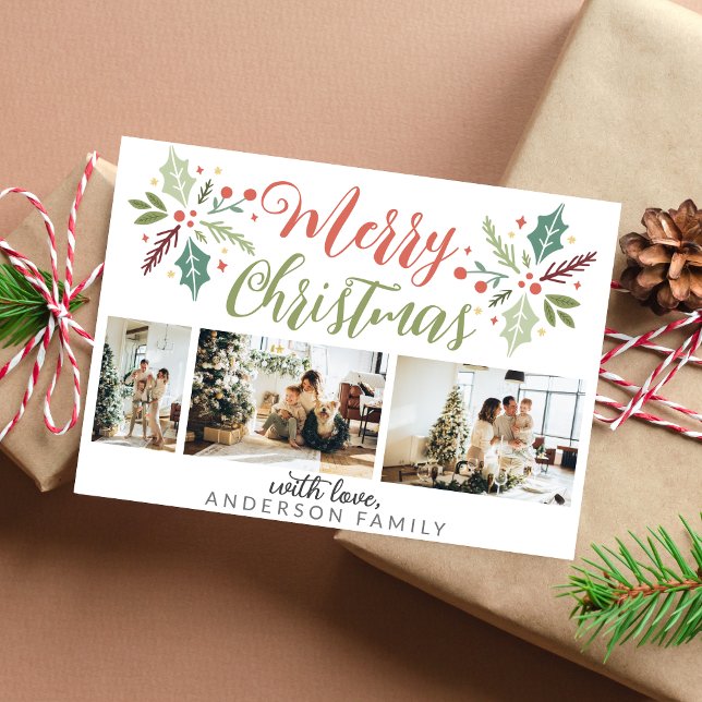 Modern Merry Christmas Berry Foliage Photo Collage Holiday Card (Creator Uploaded)