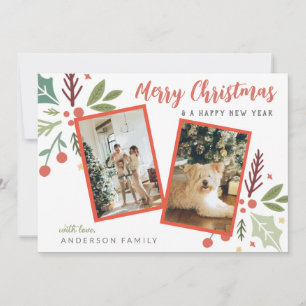 Modern Merry Christmas Berry Foliage Two Photo Holiday Card