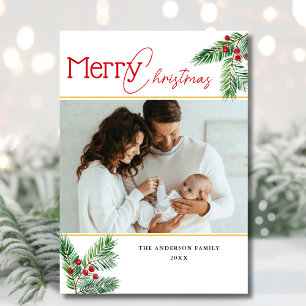 Modern Merry Christmas   Berry Greenery 2 Photo Holiday Card