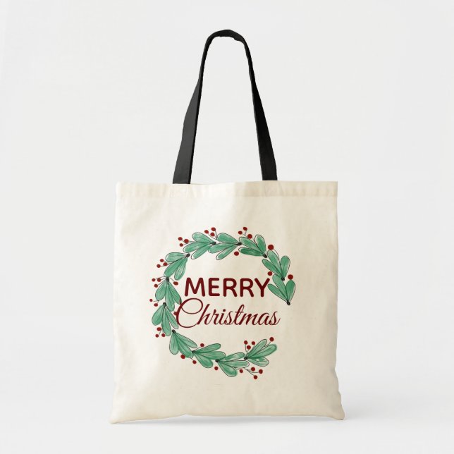 Modern Merry Christmas Berry Wreath Greenery Tote Bag (Front)