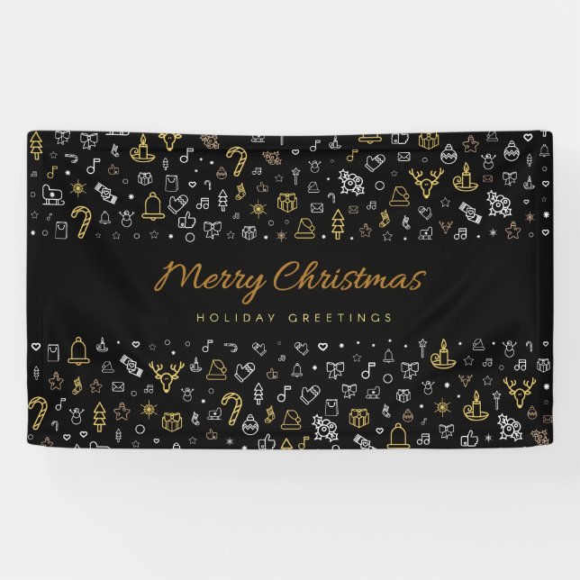 Modern Merry Christmas Black and Gold Icons Banner (Horizontal)