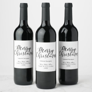 Modern Merry Christmas Black and White Holiday Wine Label