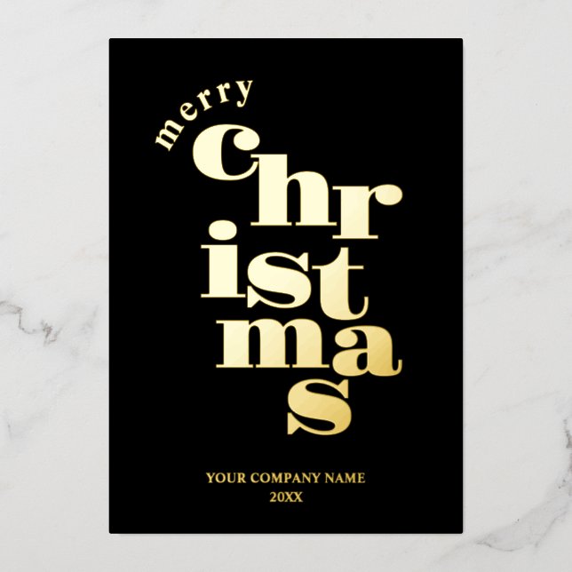 Modern Merry Christmas Black Corporate Logo Foil Holiday Card (Front)