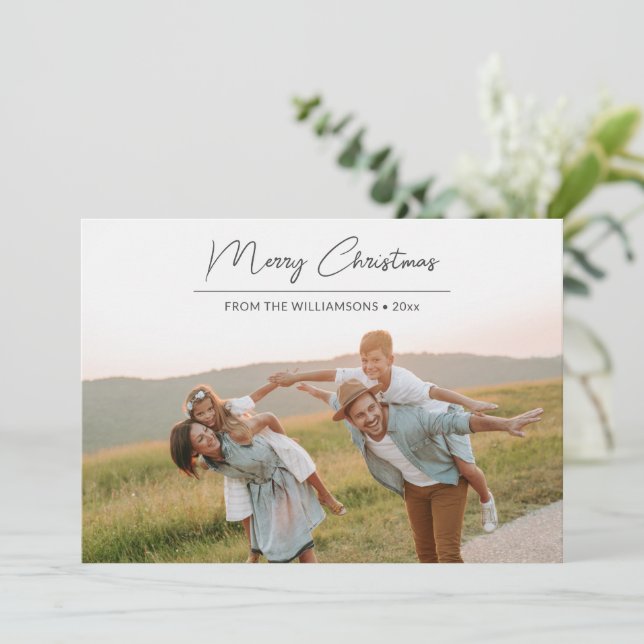 Modern Merry Christmas Black Script Overlay Photo Holiday Card (Standing Front)