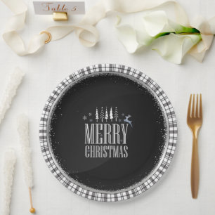 Modern Merry Christmas Black White Plaid Elegant Paper Plate