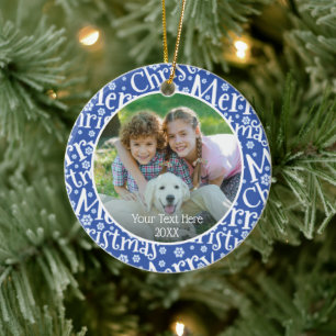 Modern MERRY CHRISTMAS Blue Snowflake Photo Ceramic Tree Decoration
