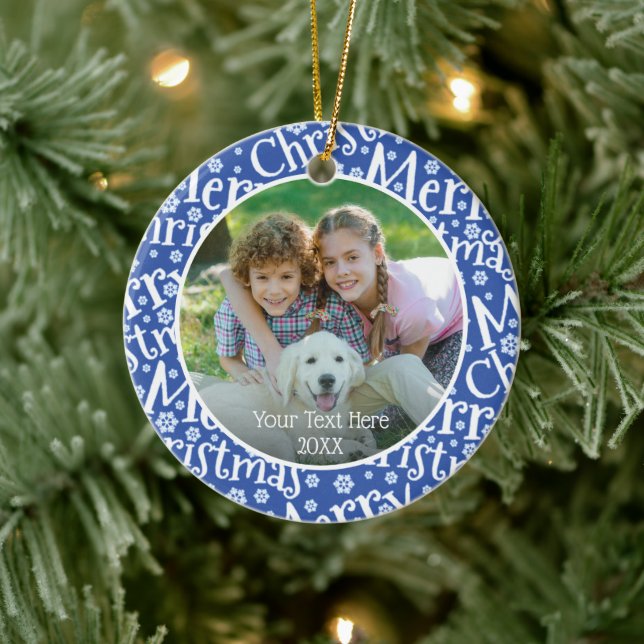 Modern MERRY CHRISTMAS Blue Snowflake Photo Ceramic Tree Decoration (Tree)