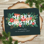 Modern Merry Christmas Bold Floral Family Name  Holiday Postcard<br><div class="desc">Send cheer this holiday season with these colourful Christmas postcards. They feature various floral / winter elements (pine, leaves, flowers, berries, buds, pinecones, and sprigs) in a colour scheme of red orange, peach, coral, aqua, teal, green, brown, and lime green. Modern typography reads, "MERRY CHRISTMAS" in white. The background colour...</div>