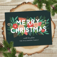 Modern Merry Christmas Bold Floral Family Name