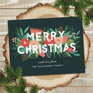 Modern Merry Christmas Bold Floral Family Name  Holiday Postcard