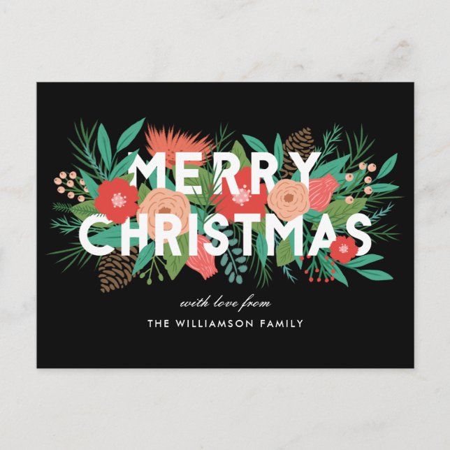 Modern Merry Christmas Bold Floral Family Name Holiday Postcard (Front)