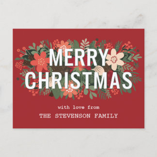 Modern Merry Christmas Bold Floral Family Name  Holiday Postcard