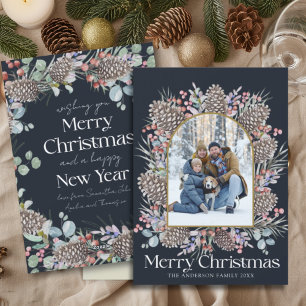 Modern Merry Christmas Botanical Wreath & Photo Holiday Card