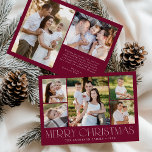 Modern Merry Christmas Burgundy Photo Collage Holiday Card<br><div class="desc">Celebrate the season with the Modern Elegant Merry Christmas Burgundy Photo Collage Holiday Card. This stylish design features a 5-photo collage on the front, with 4 square photos surrounding a larger picture at the centre. "Merry Christmas" is beautifully displayed in trendy white lettering on a burgundy background. Customise with your...</div>