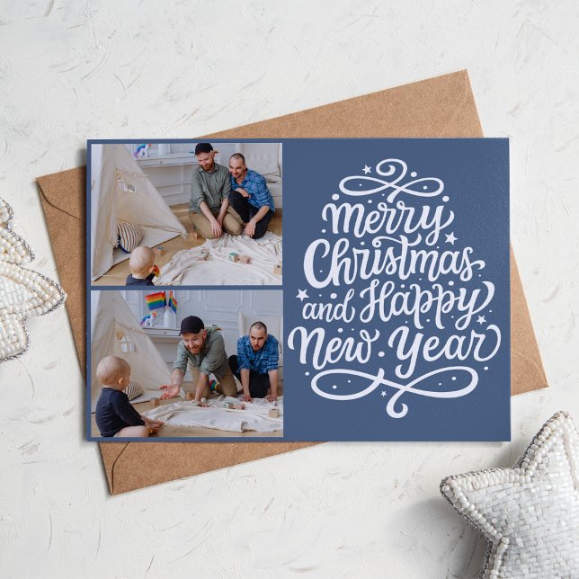 Modern Merry Christmas Calligraphy 2 Photos  Holiday Card (Creator Uploaded)