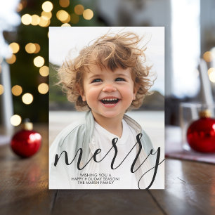 Modern Merry Christmas Calligraphy Photo Black Holiday Card