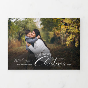 Modern Merry Christmas Calligraphy Photo Tri-Fold Holiday Card