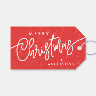 Modern Merry Christmas Calligraphy Script Snow Red Gift Tags