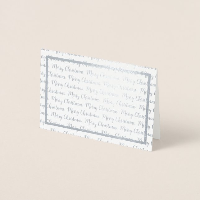 Modern Merry Christmas Calligraphy Silver Border Foil Card (Front)